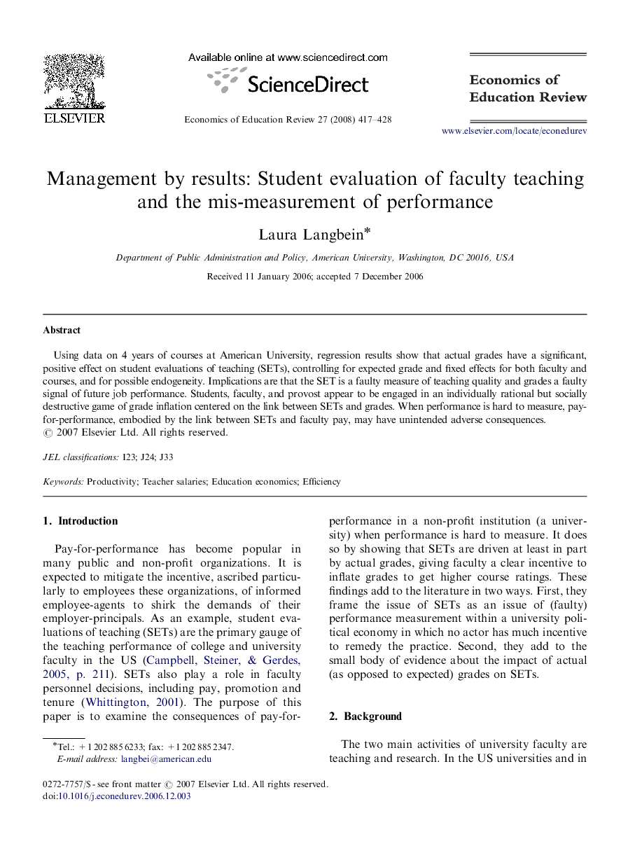 Management by results: Student evaluation of faculty teaching and the mis-measurement of performance