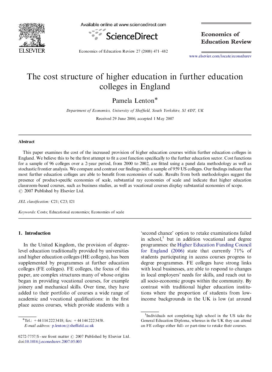 The cost structure of higher education in further education colleges in England