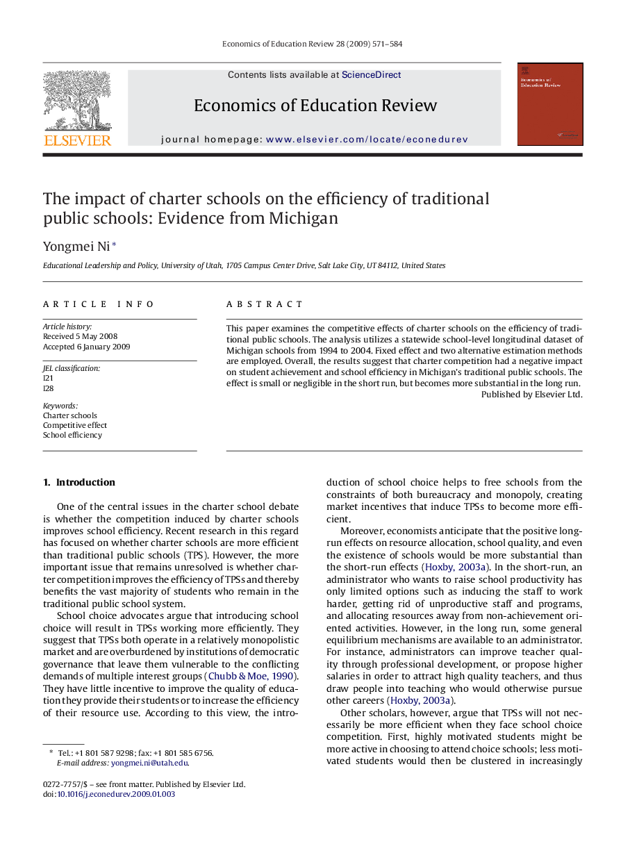 The impact of charter schools on the efficiency of traditional public schools: Evidence from Michigan