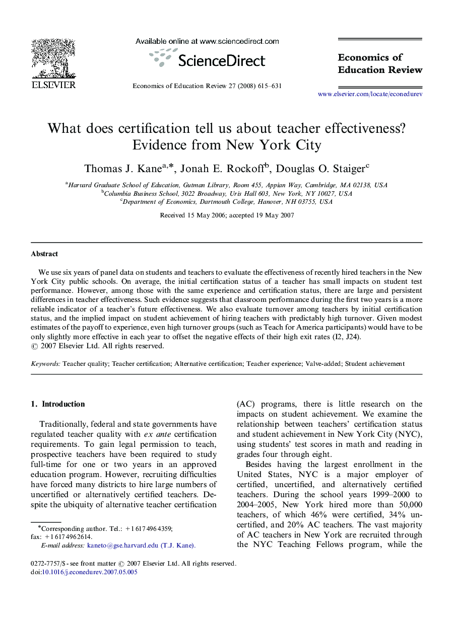 What does certification tell us about teacher effectiveness? Evidence from New York City