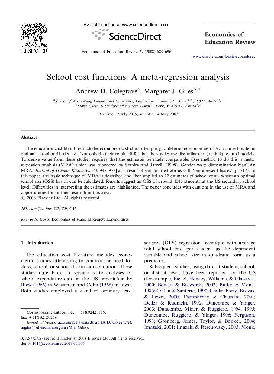 School cost functions: A meta-regression analysis