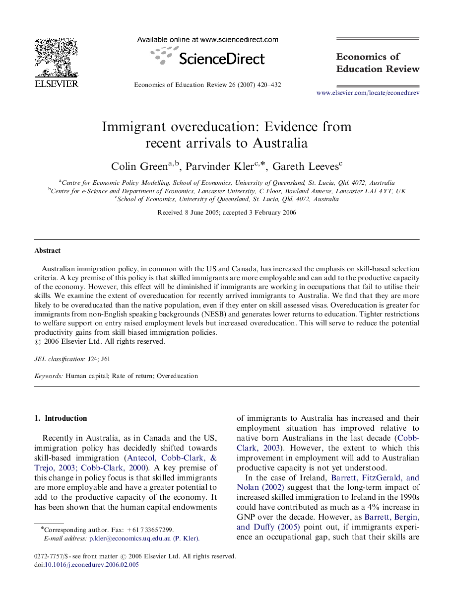 Immigrant overeducation: Evidence from recent arrivals to Australia