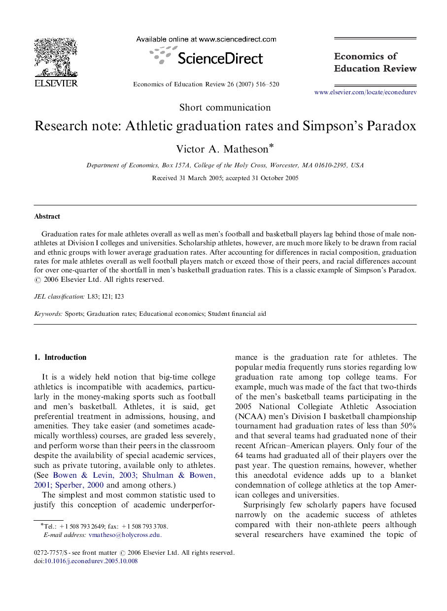 Research note: Athletic graduation rates and Simpson's Paradox