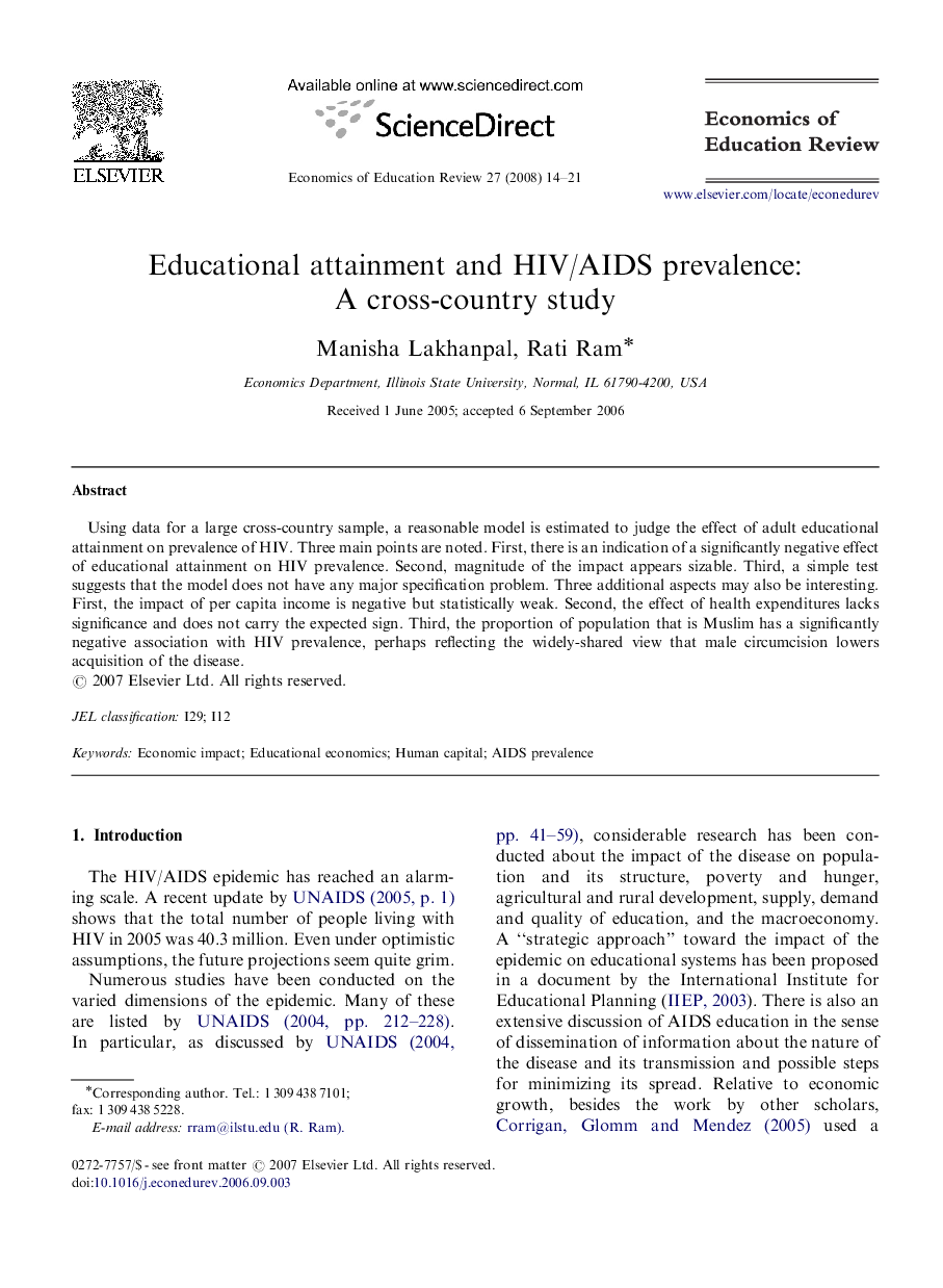 Educational attainment and HIV/AIDS prevalence: A cross-country study