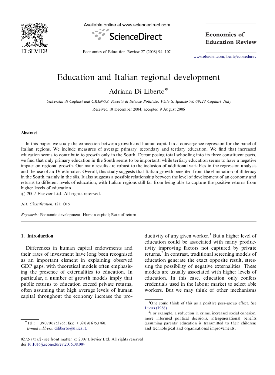 Education and Italian regional development