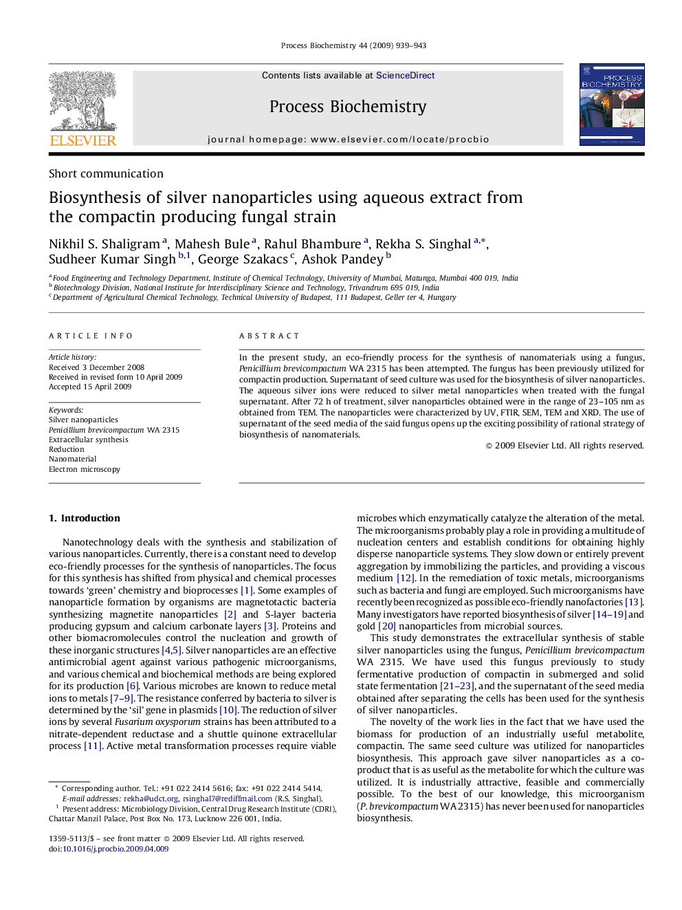 Biosynthesis of silver nanoparticles using aqueous extract from the compactin producing fungal strain