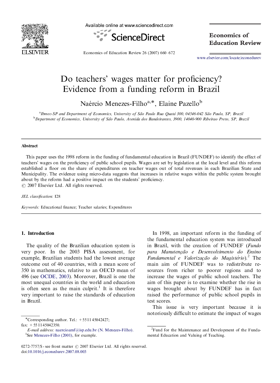 Do teachers’ wages matter for proficiency? Evidence from a funding reform in Brazil