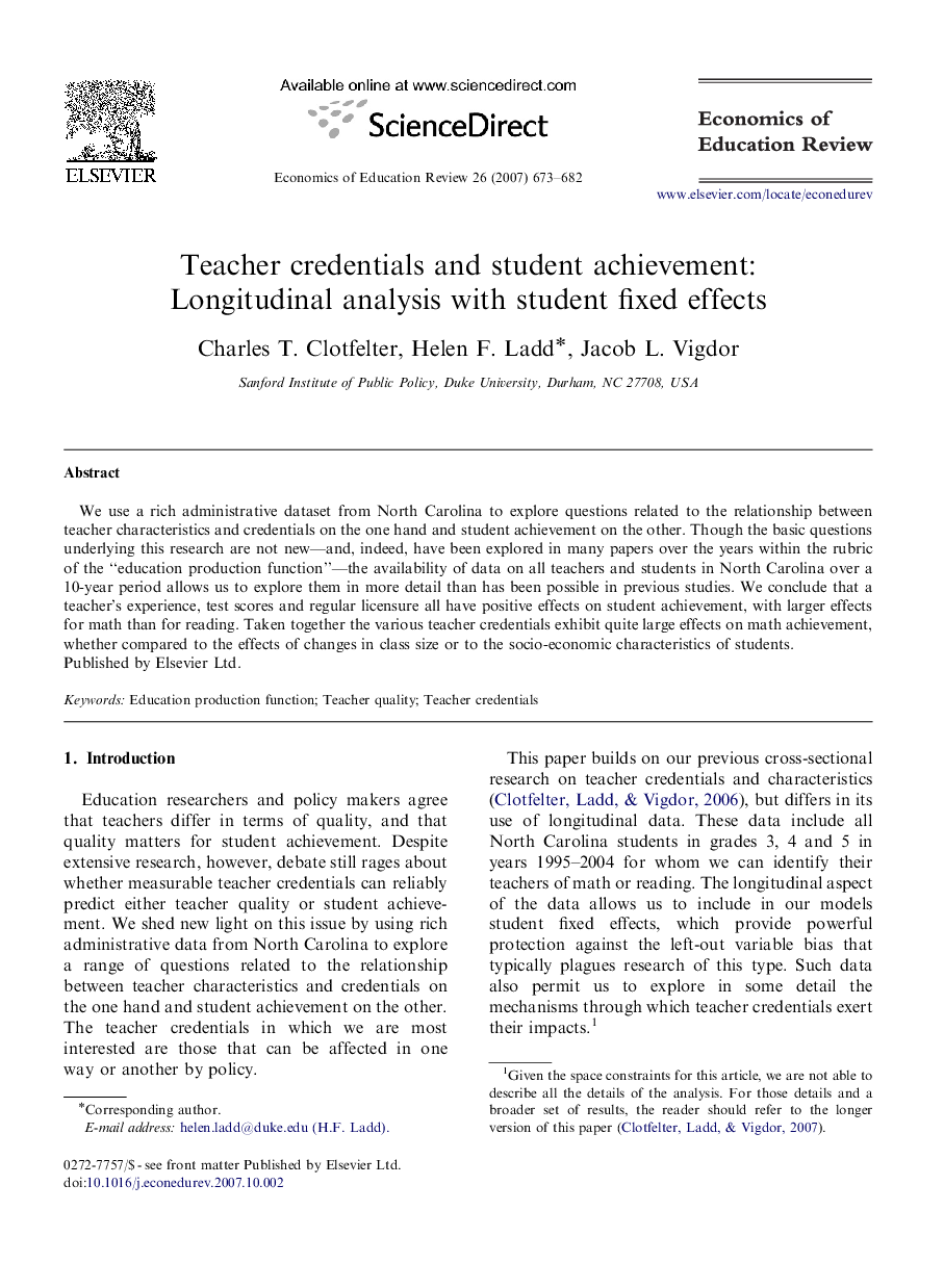 Teacher credentials and student achievement: Longitudinal analysis with student fixed effects