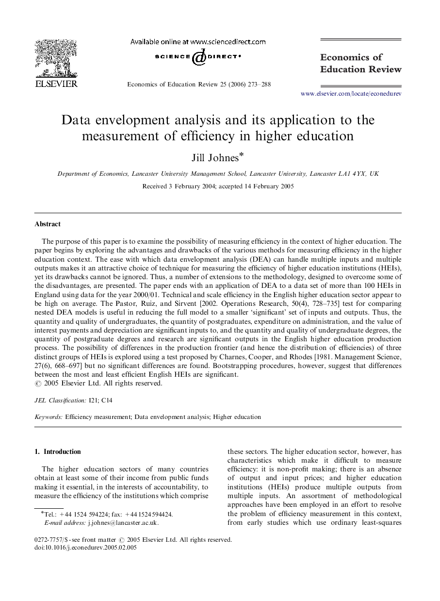 Data envelopment analysis and its application to the measurement of efficiency in higher education