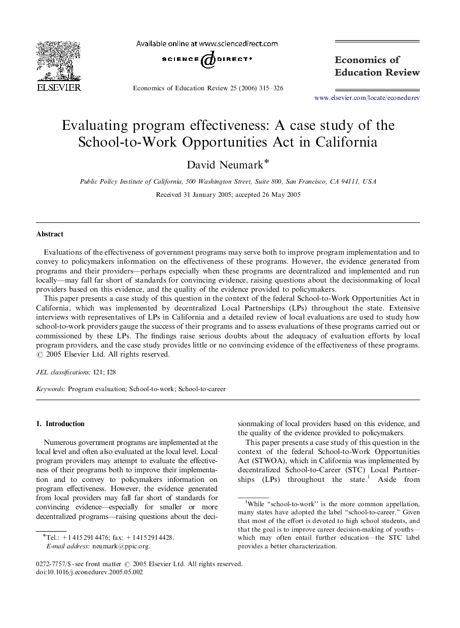 Evaluating program effectiveness: A case study of the School-to-Work Opportunities Act in California