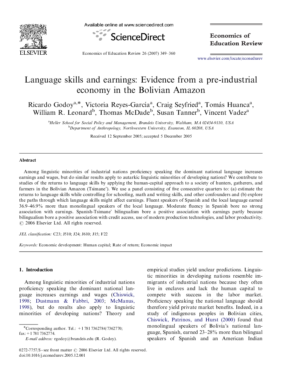 Language skills and earnings: Evidence from a pre-industrial economy in the Bolivian Amazon