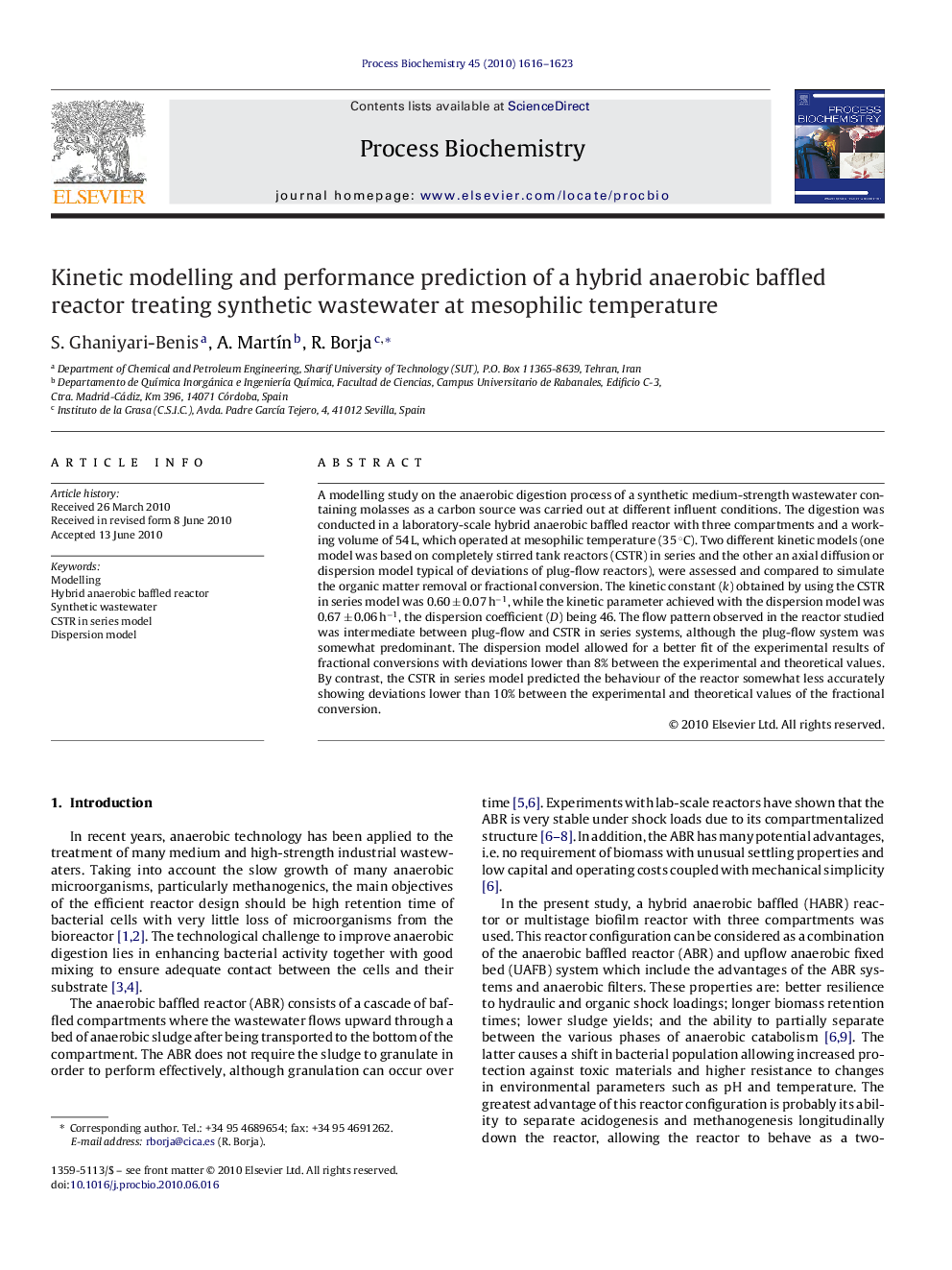 Kinetic modelling and performance prediction of a hybrid anaerobic baffled reactor treating synthetic wastewater at mesophilic temperature