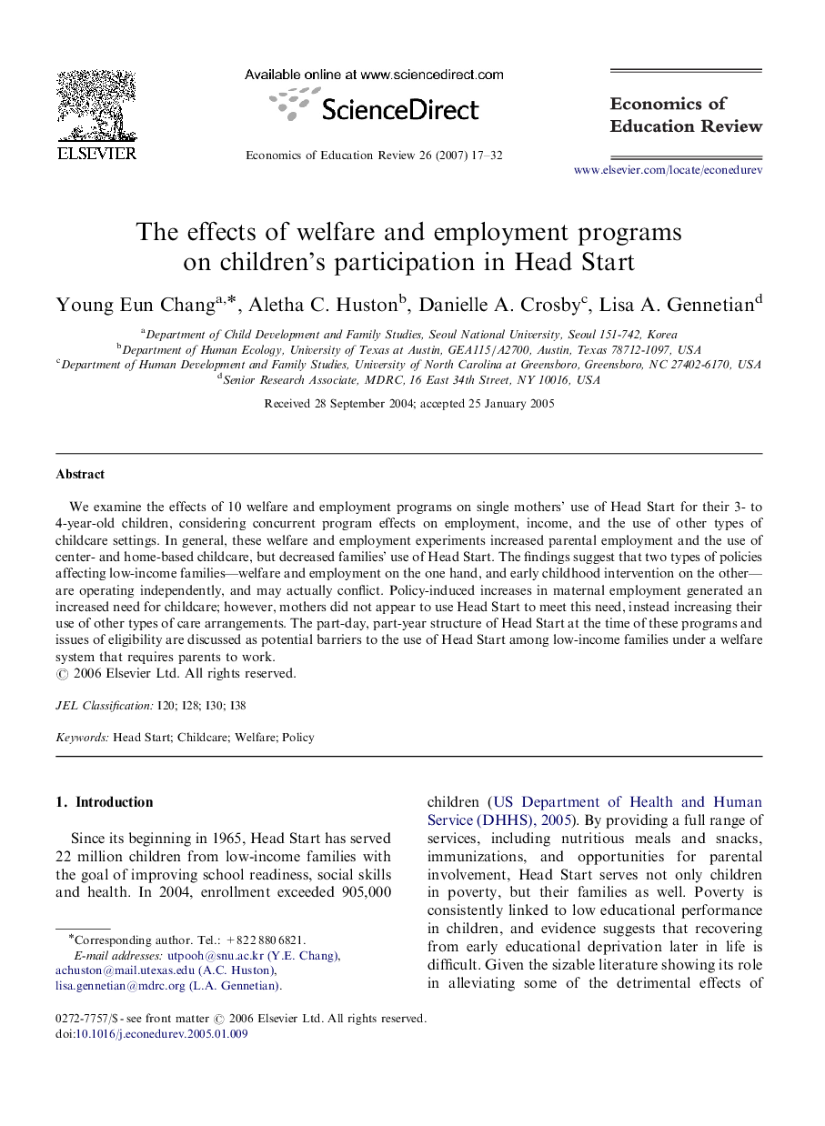 The effects of welfare and employment programs on children's participation in Head Start