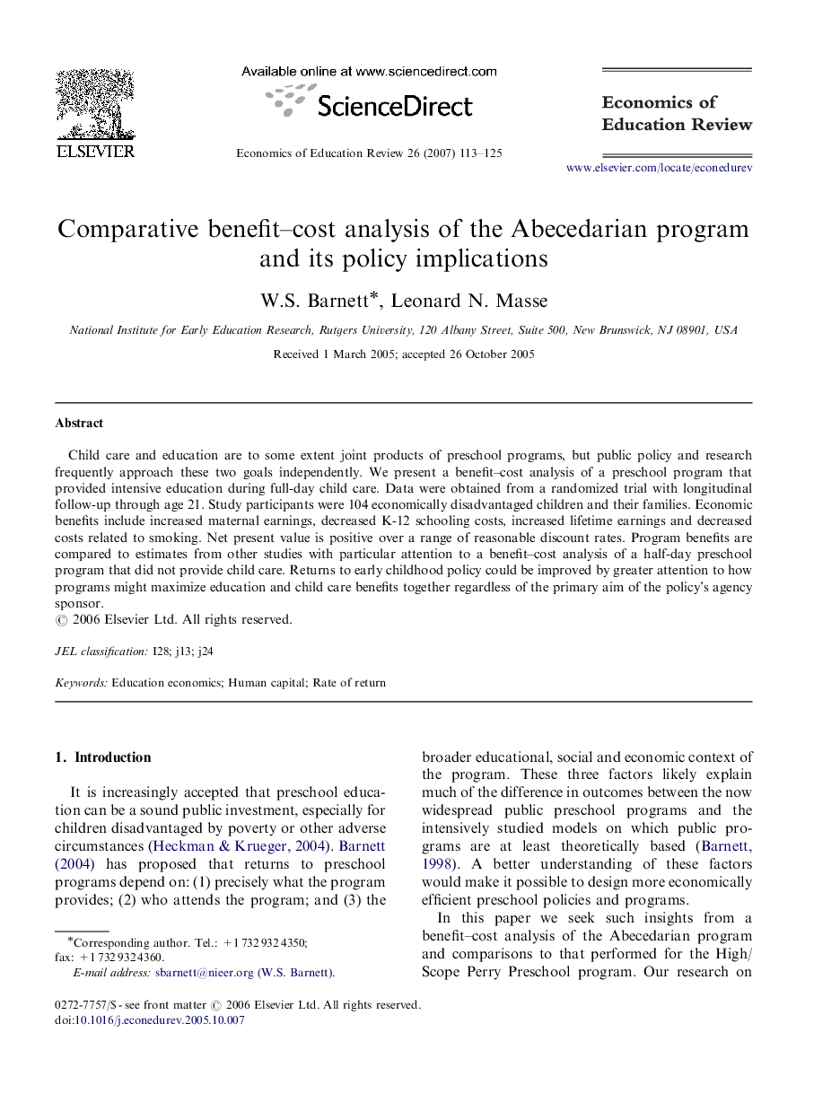 Comparative benefit–cost analysis of the Abecedarian program and its policy implications