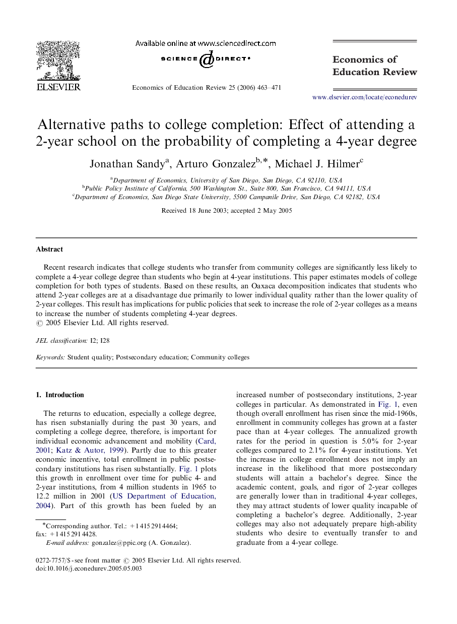 Alternative paths to college completion: Effect of attending a 2-year school on the probability of completing a 4-year degree