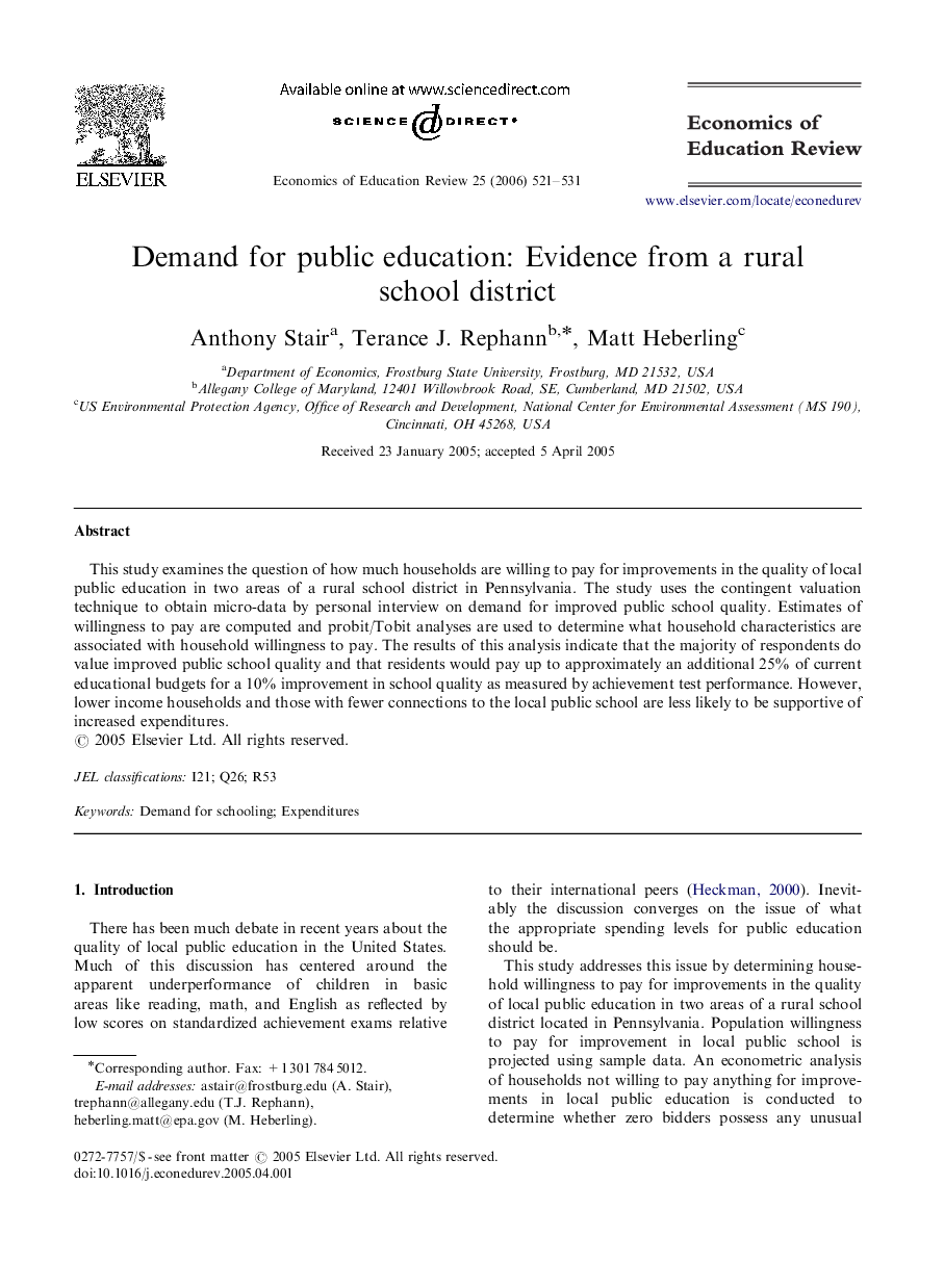 Demand for public education: Evidence from a rural school district