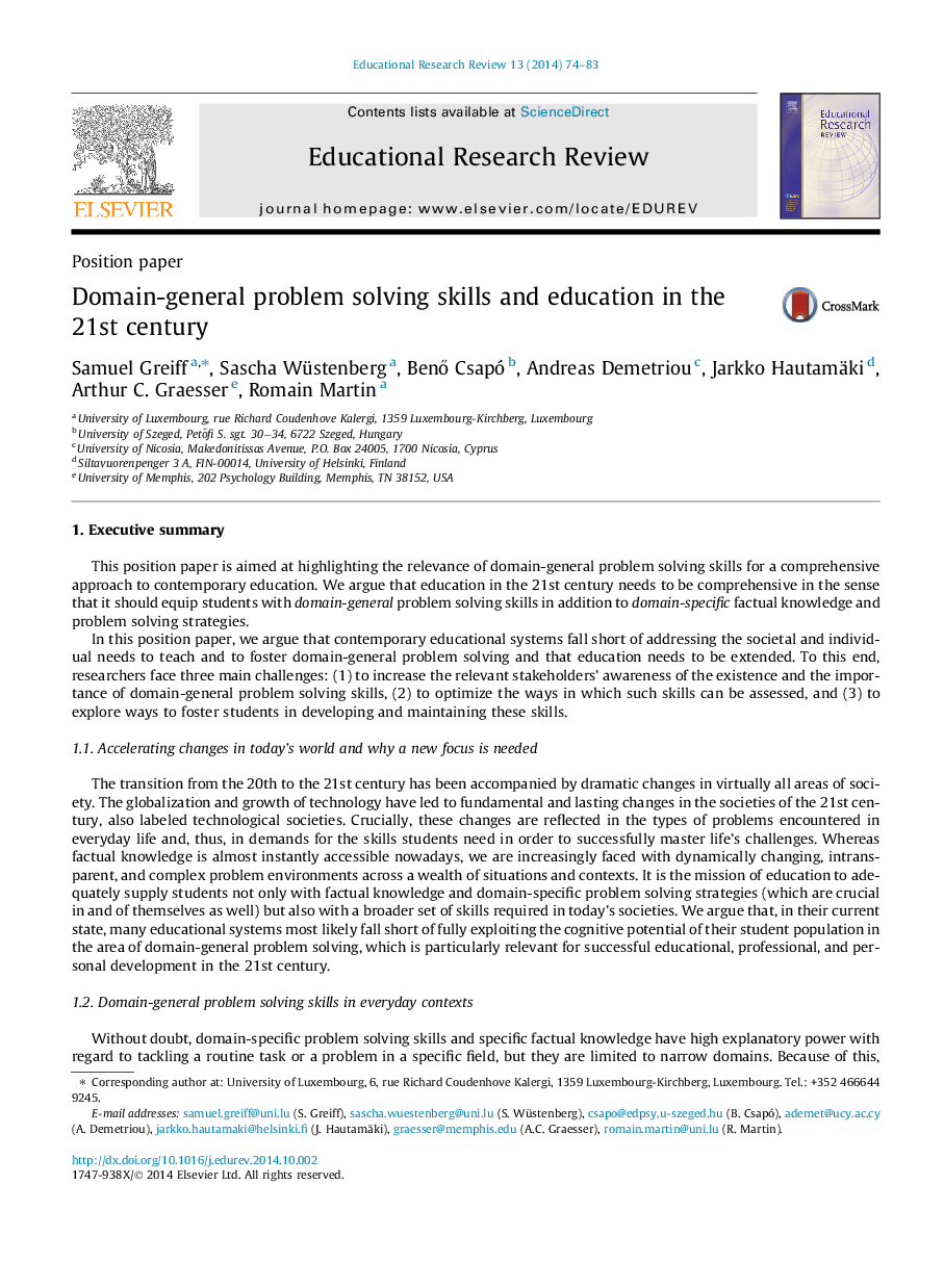 Domain-general problem solving skills and education in the 21st century