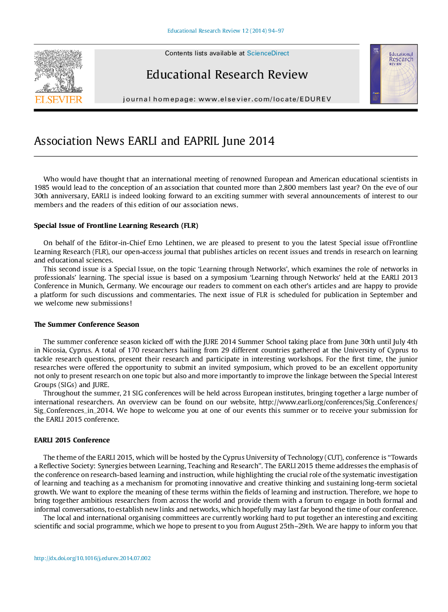 Association News EARLI and EAPRIL June 2014