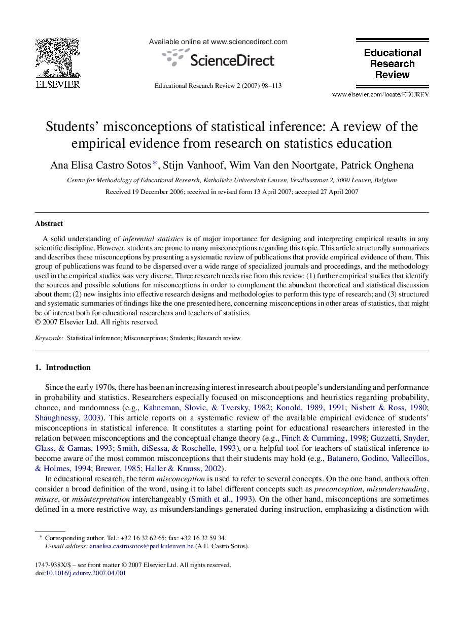 Students’ misconceptions of statistical inference: A review of the empirical evidence from research on statistics education