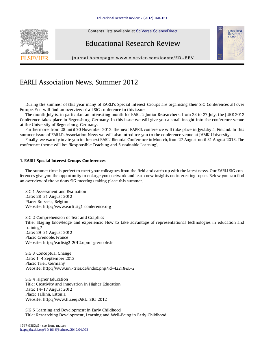 EARLI Association News, Summer 2012