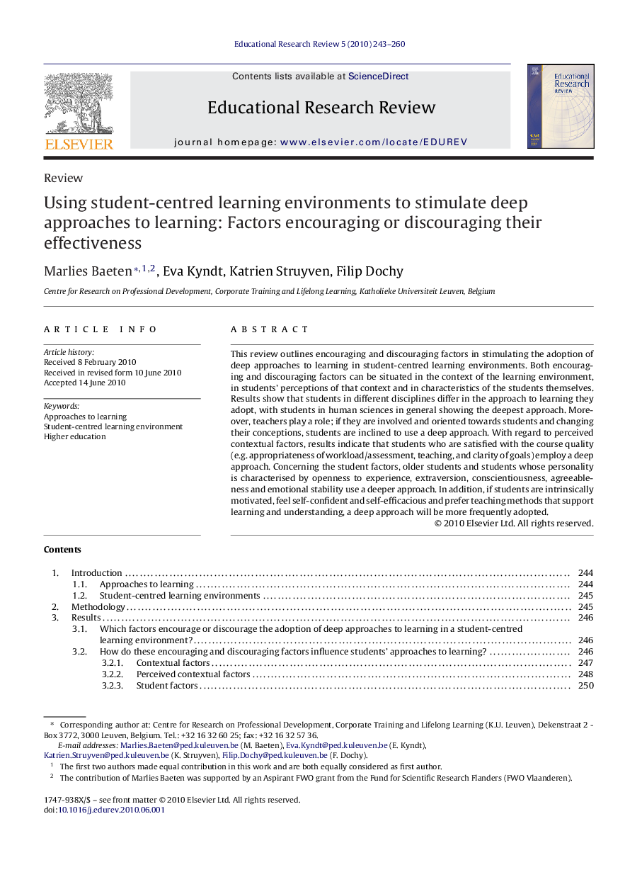 Using student-centred learning environments to stimulate deep approaches to learning: Factors encouraging or discouraging their effectiveness