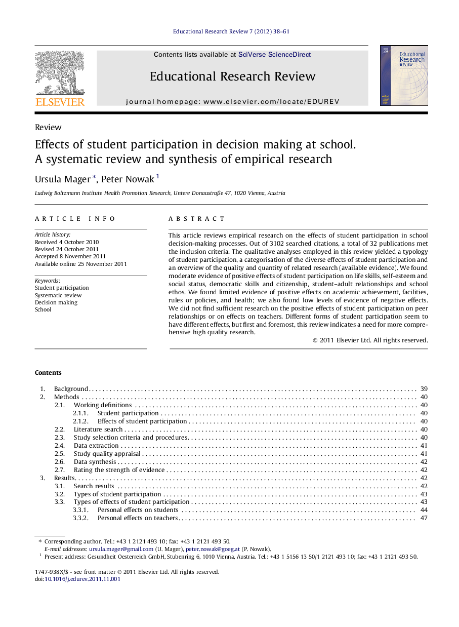 Effects of student participation in decision making at school. A systematic review and synthesis of empirical research