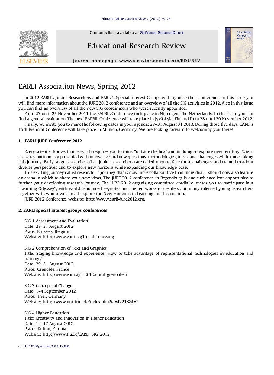 EARLI Association News, Spring 2012