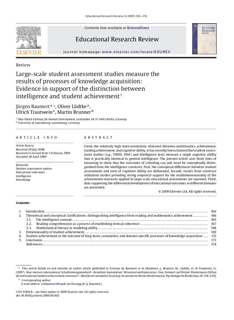 Large-scale student assessment studies measure the results of processes of knowledge acquisition: Evidence in support of the distinction between intelligence and student achievement 