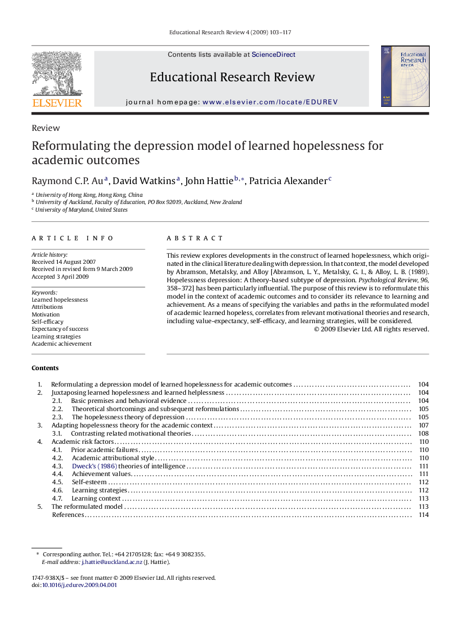 Reformulating the depression model of learned hopelessness for academic outcomes