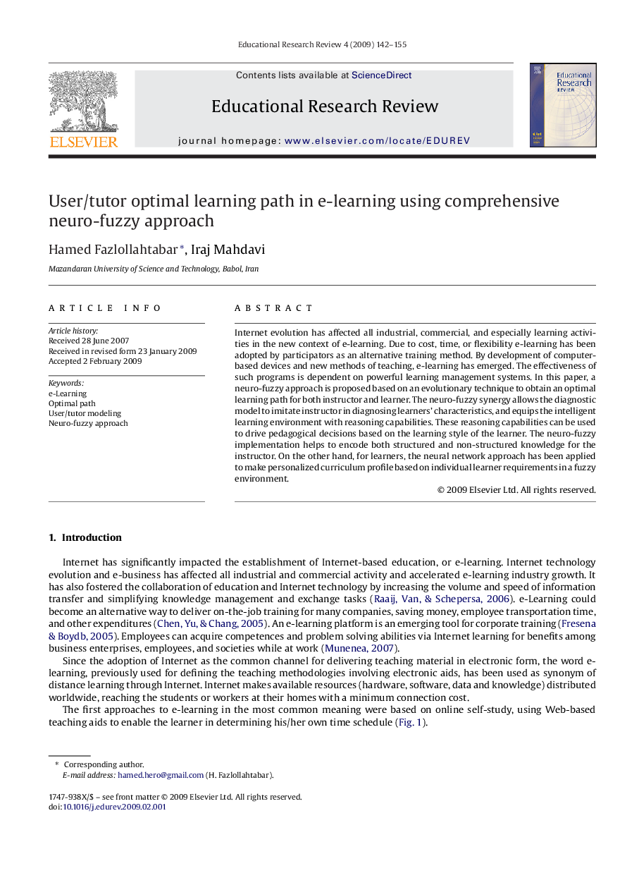 User/tutor optimal learning path in e-learning using comprehensive neuro-fuzzy approach