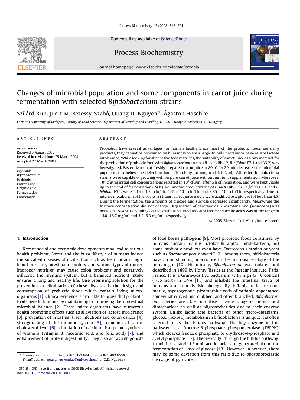 Changes of microbial population and some components in carrot juice during fermentation with selected Bifidobacterium strains