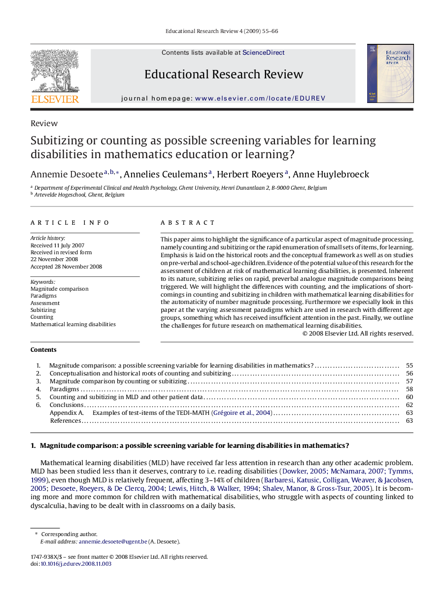 Subitizing or counting as possible screening variables for learning disabilities in mathematics education or learning?