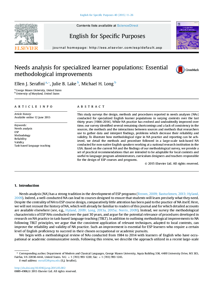 Needs analysis for specialized learner populations: Essential methodological improvements