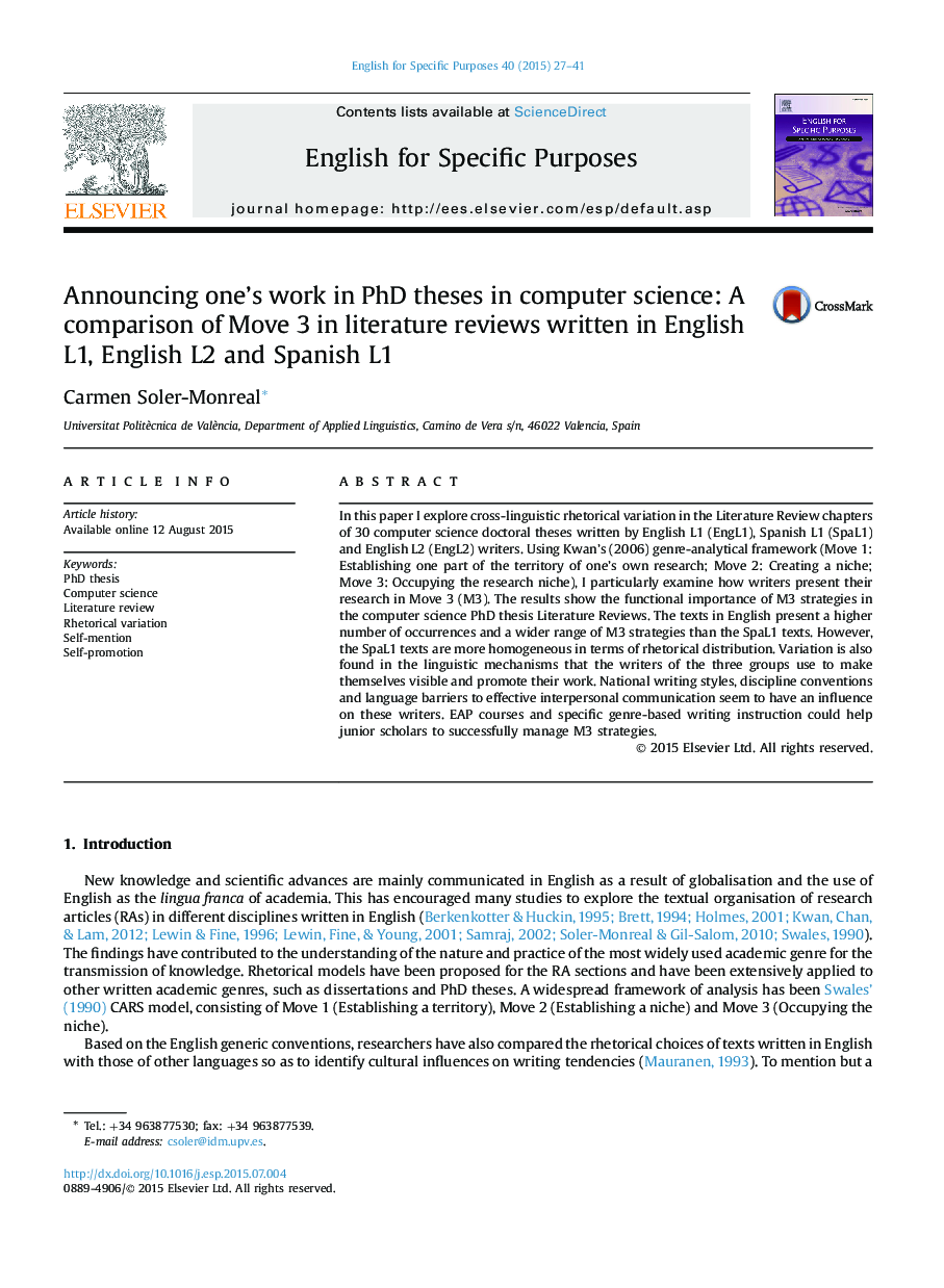 Announcing one's work in PhD theses in computer science: A comparison of Move 3 in literature reviews written in English L1, English L2 and Spanish L1