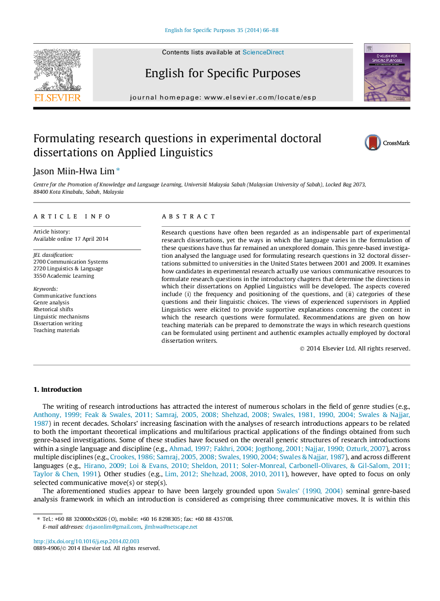 Formulating research questions in experimental doctoral dissertations on Applied Linguistics