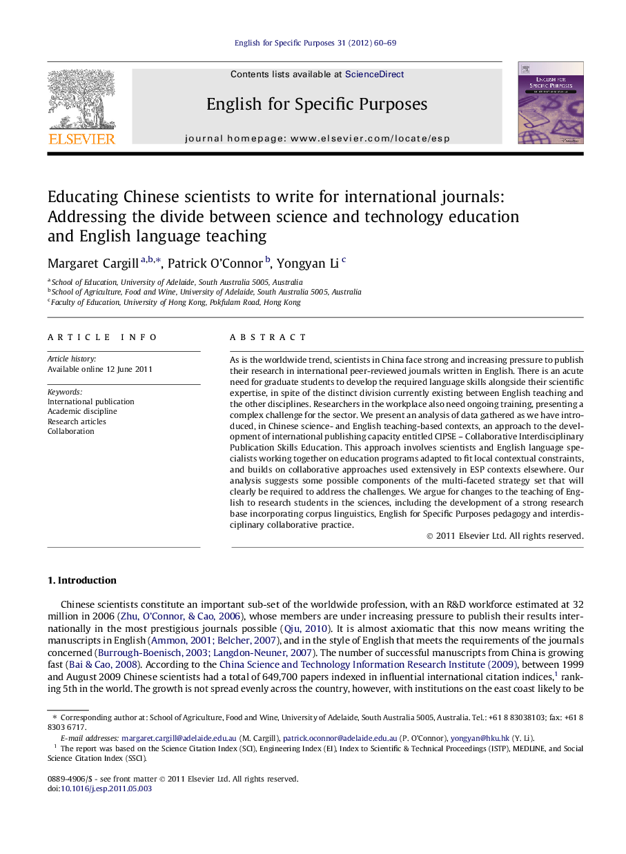 Educating Chinese scientists to write for international journals: Addressing the divide between science and technology education and English language teaching