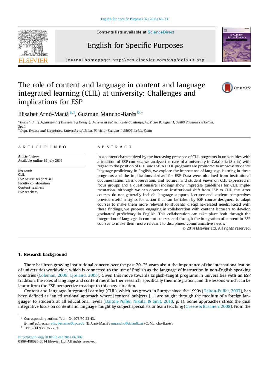 The role of content and language in content and language integrated learning (CLIL) at university: Challenges and implications for ESP