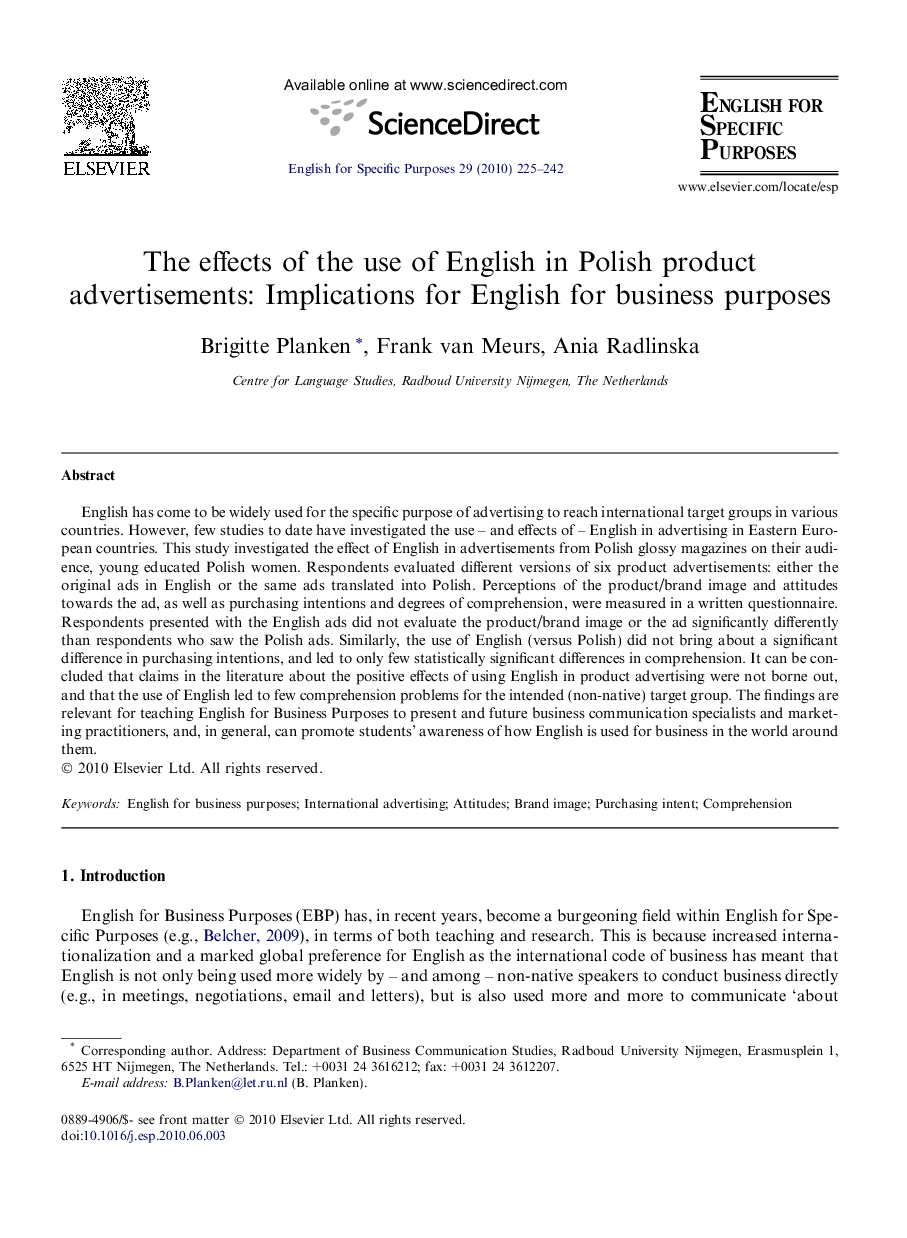 The effects of the use of English in Polish product advertisements: Implications for English for business purposes