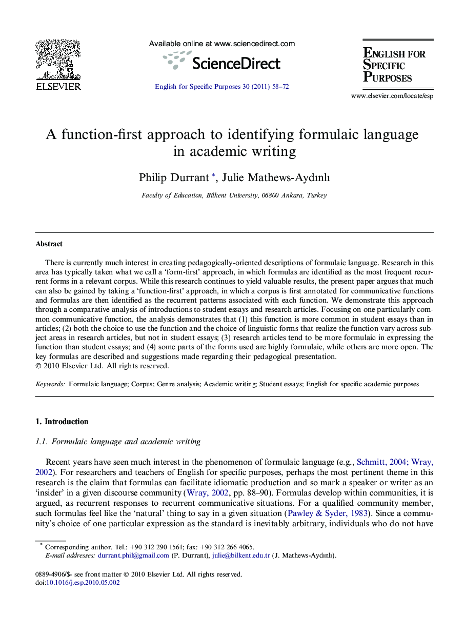 A function-first approach to identifying formulaic language in academic writing