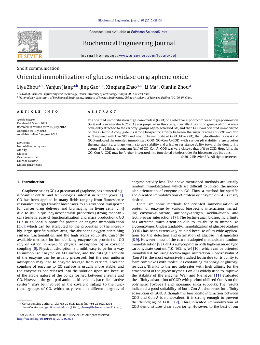 Oriented immobilization of glucose oxidase on graphene oxide