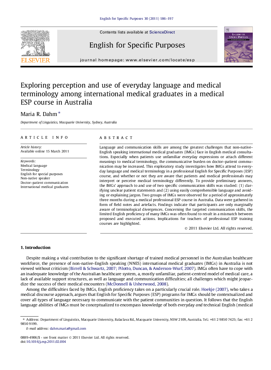 Exploring perception and use of everyday language and medical terminology among international medical graduates in a medical ESP course in Australia