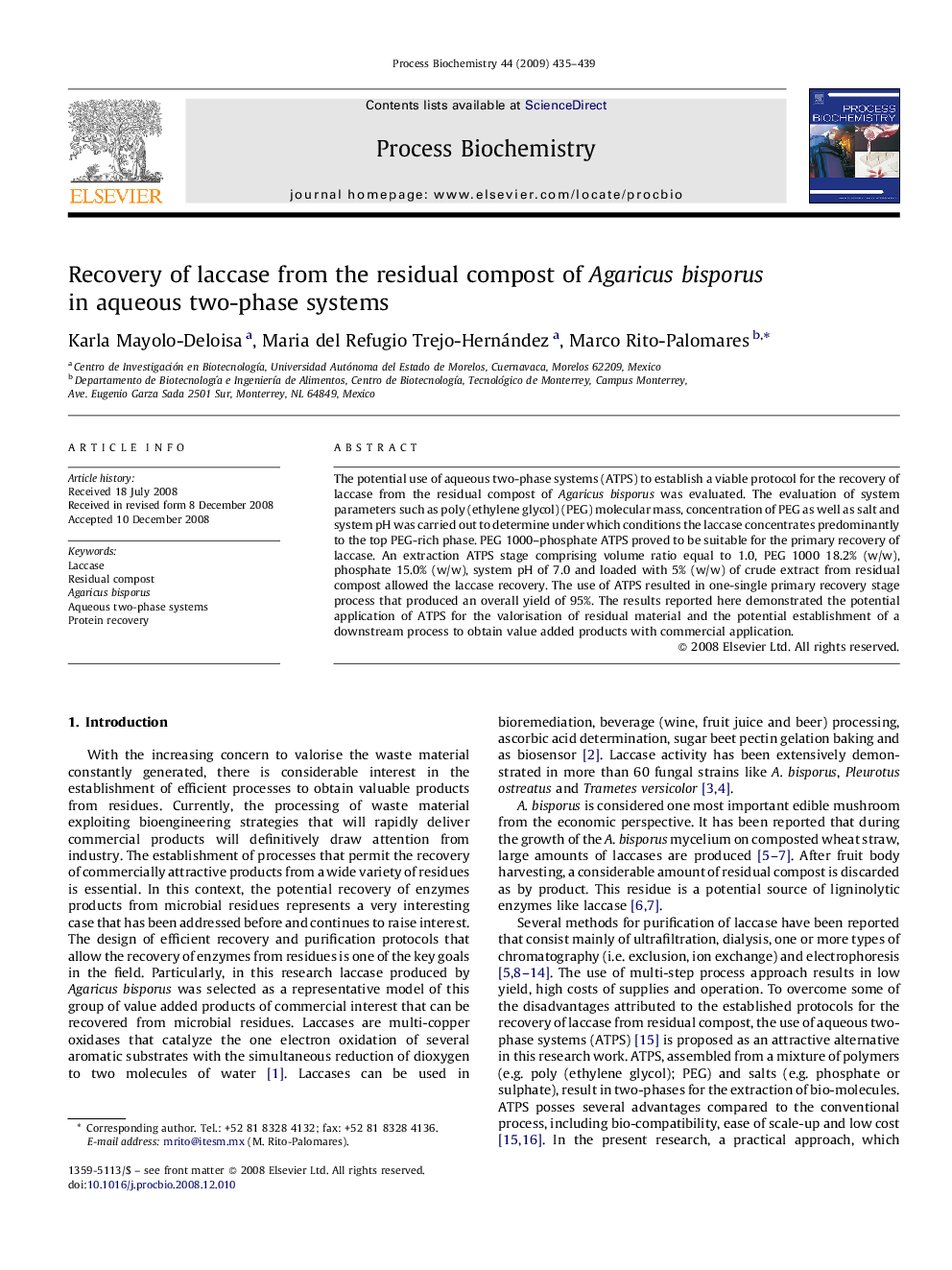 Recovery of laccase from the residual compost of Agaricus bisporus in aqueous two-phase systems