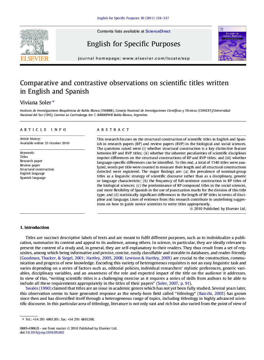 Comparative and contrastive observations on scientific titles written in English and Spanish