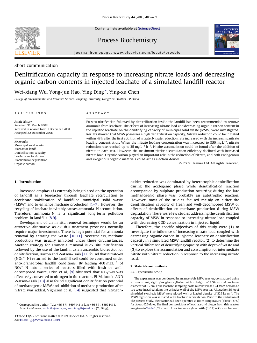 Denitrification capacity in response to increasing nitrate loads and decreasing organic carbon contents in injected leachate of a simulated landfill reactor