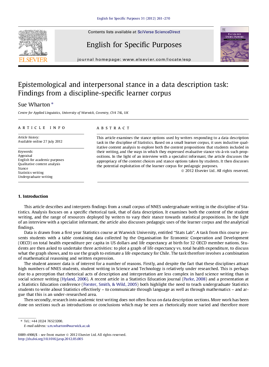 Epistemological and interpersonal stance in a data description task: Findings from a discipline-specific learner corpus