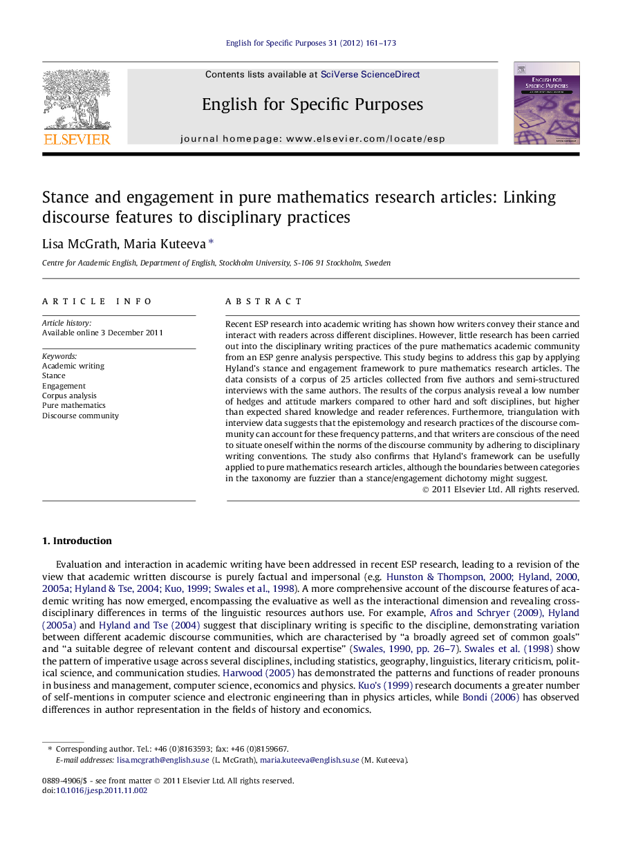 Stance and engagement in pure mathematics research articles: Linking discourse features to disciplinary practices