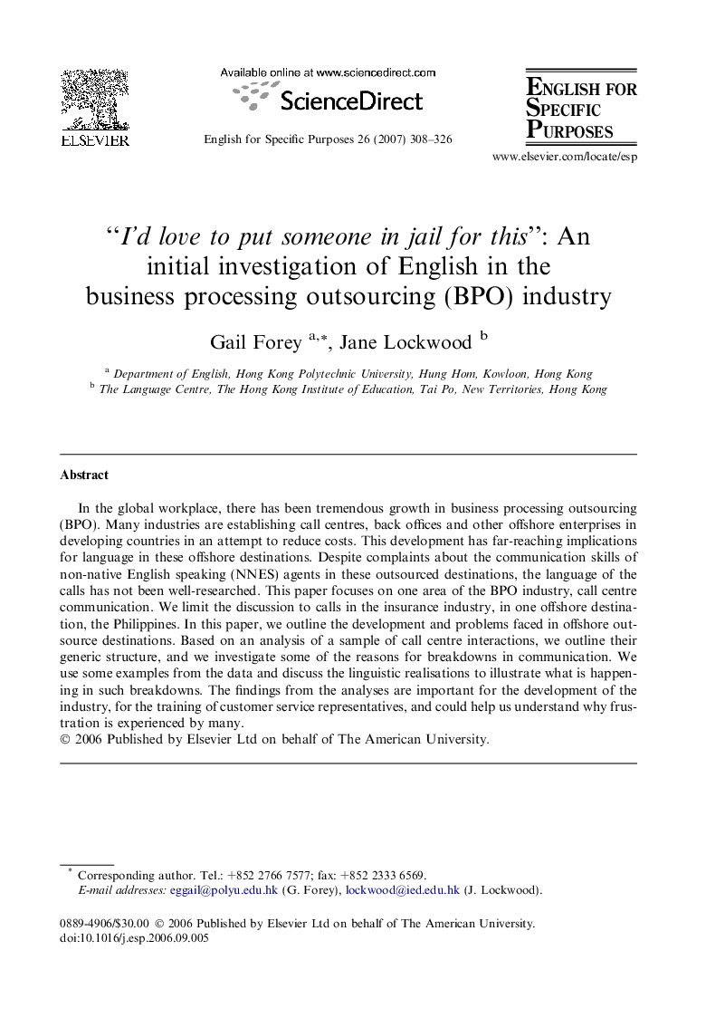 “I’d love to put someone in jail for this”: An initial investigation of English in the business processing outsourcing (BPO) industry
