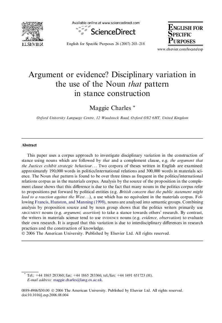 Argument or evidence? Disciplinary variation in the use of the Noun that pattern in stance construction