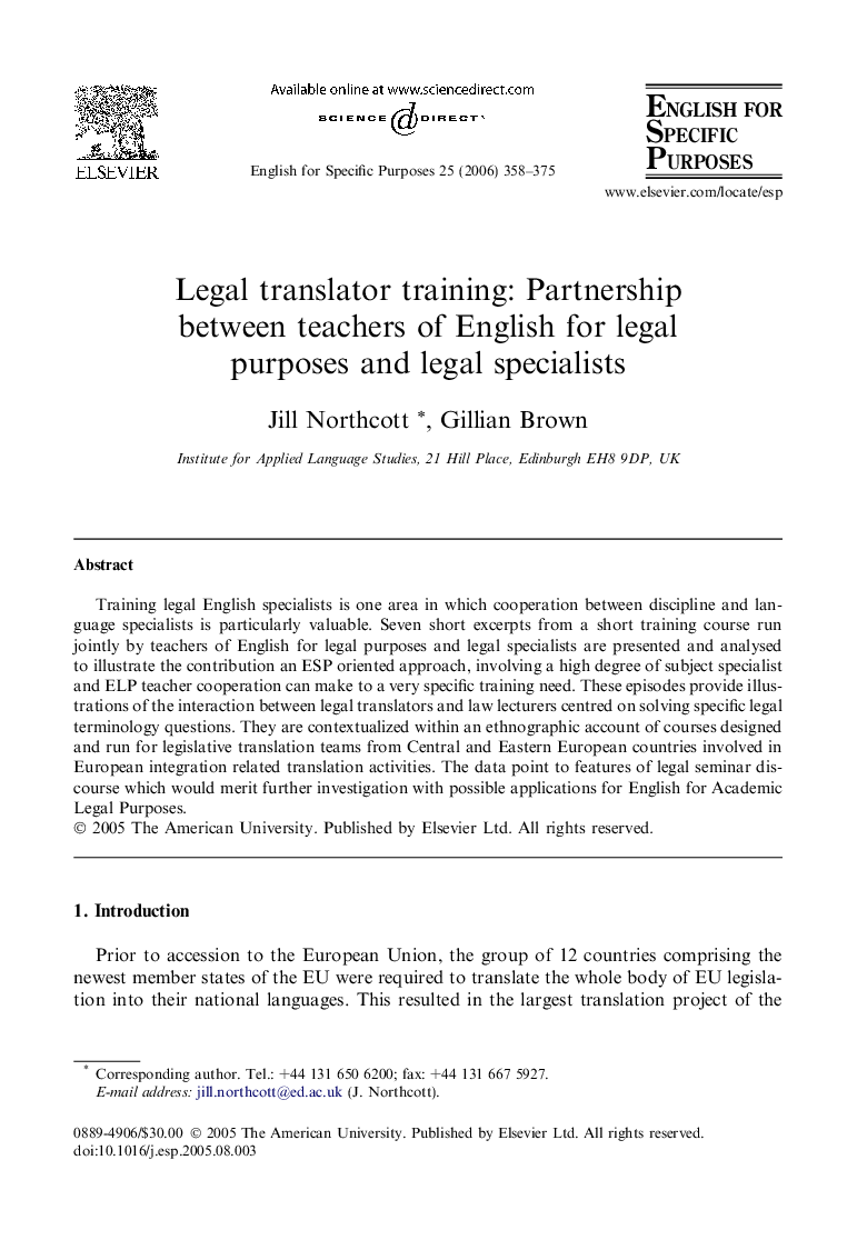 Legal translator training: Partnership between teachers of English for legal purposes and legal specialists