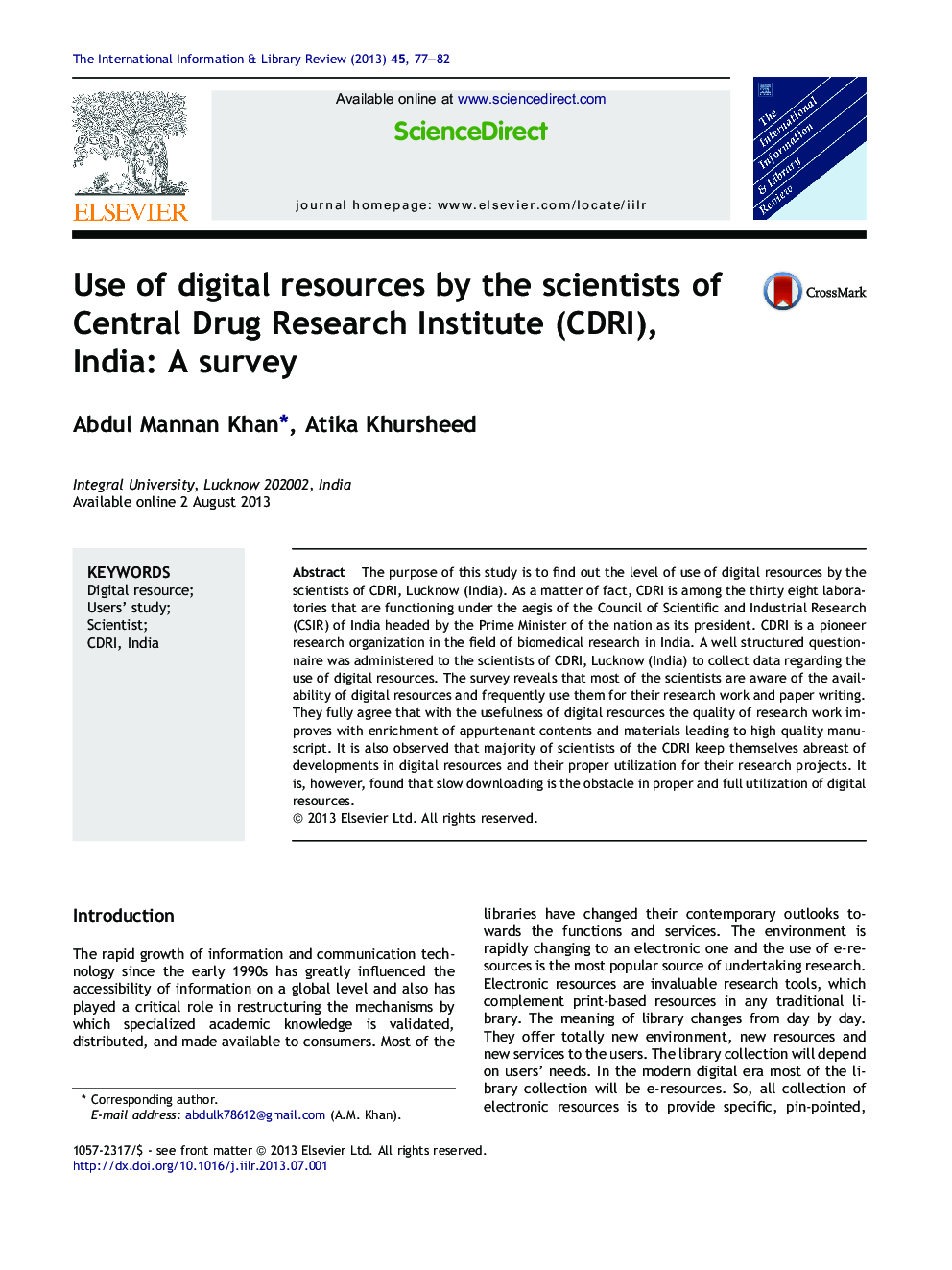 استفاده از منابع دیجیتال شده توسط دانشمندان موسسه مرکزی مبارزه با مواد مخدر تحقیقات (CDRI)، هند: بررسی